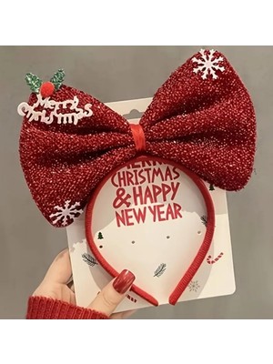 Uravas Store Noel ve Yılbaşı Temalı Kırmızı Simli Saç Bandı, 19 cm x 23 Cm, Kar Tanesi Süslemeli