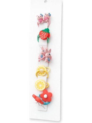 Uravas Store Çocuk Saç Lastiği Seti, 5 Adet, Renkli Hayvan ve Meyve Figürlü, Elastik Kumaş, Pembe Ayıcık Çilek Tavşan Limon Çiçek Tasarım, Kız Çocukları Için