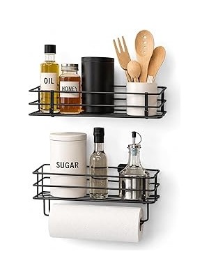 Uravas Store Alper Banyo 2’li Yapışkanlı Siyah Mutfak Organizer Seti, Metal Baharatlık ve Yağlık Raf, Kağıt Havluluklu Alt Raf, Delmeden Kolay Kurulumlu Mutfak Düzenleyici