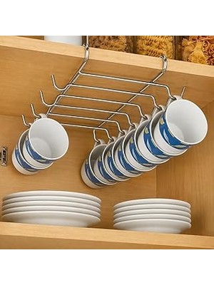 Uravas Store Alper Banyo 10 Kancalı Krom Fincanlık, Rafa Geçmeli Kupa Askısı, Dolap Altı Fincan Düzenleyici, Montajsız Metal Mutfak Organizer