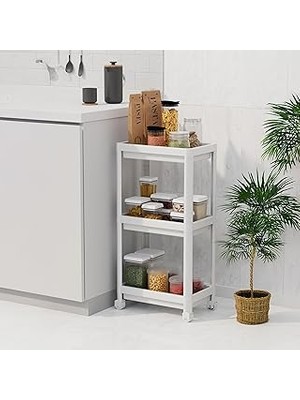 Uravas Store Deconox Peggy 3 Katlı Tekerlekli Raf Ünitesi - 36X71X23 cm Dar Alan Düzenleyici - Mutfak ve Banyo Için Aletsiz Kurulum Servis Arabası (Beyaz - Siyah - Gri) (Beyaz)