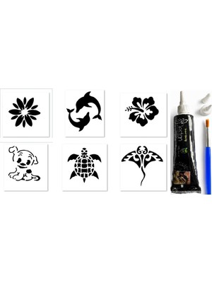 Uravas Store Caretta Balık Hint Kınası ve Kalıplarla Geçici Dövme Yapma Seti Fırça ve 6 Şablon Hediyeli