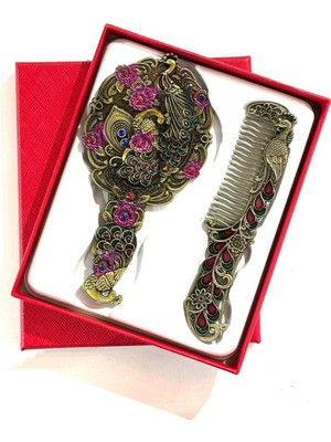 Uravas Store Vintage Metal Ayna ve Tarak Seti, Antik Bronz, Tavus Kuşu Desenli, El Aynası ve Saç Tarağı, 2 Parça, 154G