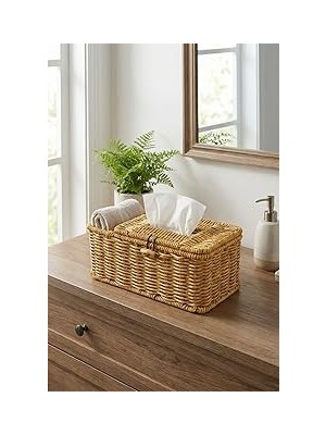 Uravas Store Buffer Bölmeli Kapaklı Doğal Rattan Görünümlü Hasır Organizer Sepet, Peçetelik, Makyaj ve Takı Düzenleyici, Plastik, 24X10X10 cm