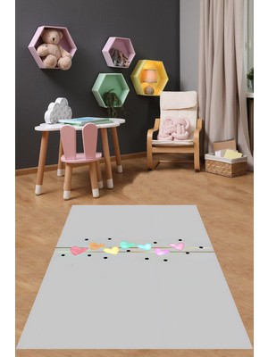 Uravas Store Pelangi Gold Detay Şerit Renkli Kalpler Yıkanabilir Kaymaz Taban Leke Tutmaz Çocuk Odası Halısı, Gri 100 x 150