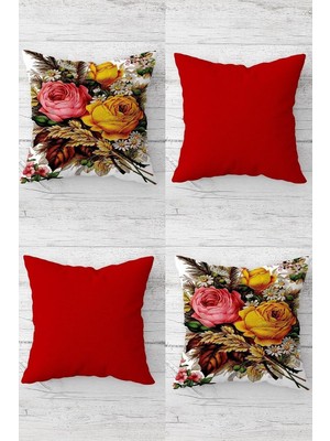 Uravas Store Pelangi Iri Güller Buket Gizli Fermuarlı Kırlent Kılıfı Koltuk Yastık Kılıfı TAKIM(4ADET), Kırmızı-Sarı 45 x 45