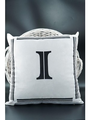 Uravas Store Asdiva Harfli Kırlent Kılıfı Kadife 43X43 cm Çift Taraflı I Harfi Kedi Desenli Evlilik Teklifi Doğum Günü Kırık Beyaz-Siyah-I
