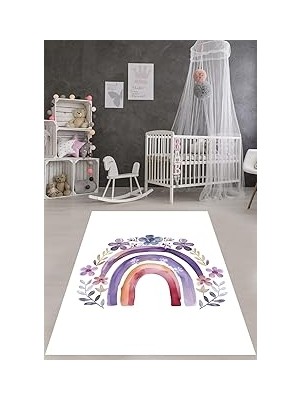 Uravas Store Pelangi Bohem Iskandinva Minimal Tarz Gökkuşağı Yıkanabilir Kaymaz Taban Leke Tutmaz Çocuk Odası Halısık, Beyaz-Mor-Lila 80 x 400