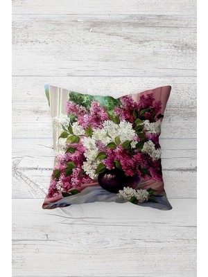 Uravas Store Pelangi Vintage Vazoda Leylak Çiçekli Çift Tarafı Baskılı Gizli Fermuarlı Kırlent Koltuk Yastık Kılıfı, Gül Kurusu 45 x 45, 24691102745451