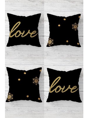 Uravas Store Pelangi Gold Love ve Kar Tanesi Desenli Gizli Fermuarlı Kırlent Kılıfı Koltuk Yastık Kılıfı TAKIM(4ADET), Gold-Siyah 45 x 45