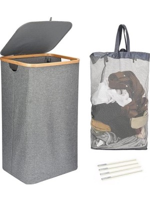 Uravas Store Mien Bambu Kenarlı Kumaş Katlanabilir 100 Lt Çamaşır Sepeti 44X33X70