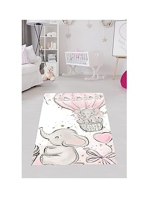 Uravas Store Pelangi Filli Uçan Balonlu Kalpli Dijital Baskı Yıkanabilir Kaymaz Taban Fil Desenli Bebek Odası Halısı, Karışık Renkli 80 x 200