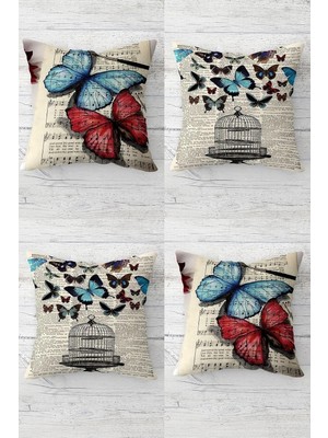 Uravas Store Pelangi Kelebekler Notalar Kafes Desen Gizli Fermuarlı Kırlent Kılıfı Koltuk Yastık Kılıfı TAKIM(4ADET), Mavi-Bej 45 x 45
