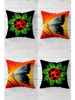 Uravas Store Pelangi Uğur Böceği ve Kelebek Gizli Fermuarlı Kırlent Kılıfı Koltuk Yastık Kılıfı TAKIM(4ADET), Kırmızı-Turuncu 43 x 43