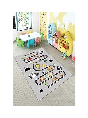 Uravas Store Pelangi Gri Trafik Yollu ve Fiğürlü Yıkanabilir Kaymaz Taban Leke Tutmazbebek ve Çocuk Odası Halısı, Gri-Siyah 80 x 600, 90135707980600