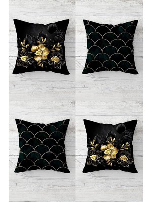 Uravas Store Pelangi Gold Gül Desenli Gizli Fermuarlı Kırlent Kılıfı Koltuk Yastık Kılıfı TAKIM(4ADET), Siyah-Gold 45 x 45
