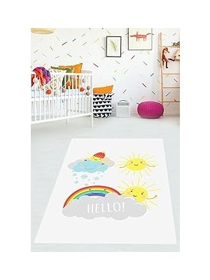 Uravas Store Pelangi Güneş Bulut ve Gökkuşaklı Yıkanabilir Kaymaz Taban Leke Tutmaz Çocuk Odası Halısı, Mavi-Sarı-Beyaz-Gri 180 x 300, 9038680149180300