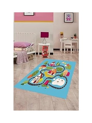 Uravas Store Pelangi Araba Yollu Trafik Yolu Dijital Baskılı Kaymaz Taban Çocuk Odası Halısı, Mavi 80 x 500
