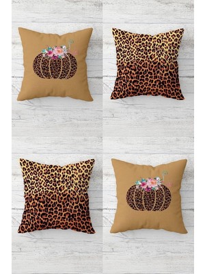 Uravas Store Pelangi Balkabağı ve Leopar Hallowen Desen Gizli Fermuarlı Kırlent Kılıfı Koltuk Yastık Kılıfı TAKIM(4ADET), Kahverengi 45 x 45