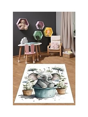 Uravas Store Pelangi Çiçekli Bebek Fil Dijital Baskı Yıkanabilir Kaymaz Taban Leke Tutmaz Çocuk Odası Halısı, Gri-Beyaz-Mavi 100 x 200, 7642014710020005