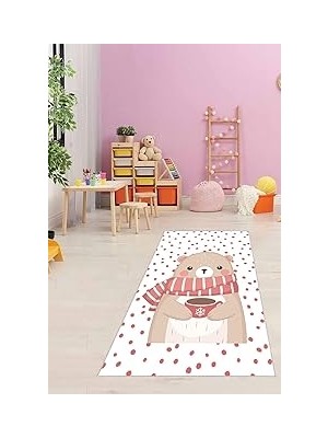 Uravas Store Pelangi Ayıcıklı Yıkanabilir Kaymaz Taban Leke Tutmaz Çocuk Odası Halısı, Kırmızı-Beyaz-Kahverengi 80 x 500