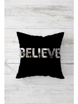 Uravas Store Pelangi Believe Yazılı Çift Tarafı Baskılı Gizli Fermuarlı Yastık Kılıfı Kırlent Koltuk Yastık Kılıfı, Siyah-Gri 45 x 45