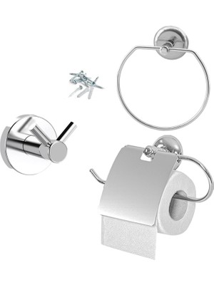 Uravas Store BADEM10 Krom Metal Sağlam Aparat Vidalı Lavabo Banyo Wc Bez Havlu Çatal Askı Tuvalet Kağıtlık 3'lü Set
