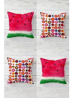 Uravas Store Pelangi Karpuz ve Renkli Ikonlar Temalı Gizli Fermuarlı Kırlent Kılıfı Koltuk Yastık Kılıfı TAKIM(4ADET), Pembe-Yeşil 45 x 45