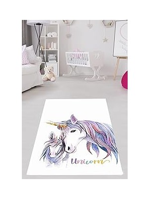 Uravas Store Pelangi Unicorn At Desenli Halı Dijital Baskı Yıkanabilir Kaymaz Taban Beyaz Çocuk Odası Halısı, Mavi-Beyaz 80 x 350
