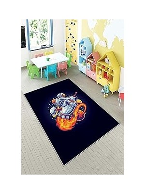 Uravas Store Pelangi Lacivert Astronot Desenli Yıkanabilir Kaymaz Taban Leke Tutmazbebek ve Çocuk Odası Halısı, Lacivert 100 x 350, 901357074100350