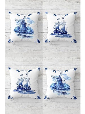Uravas Store Pelangi Yelkenli Gemi ve Değirmen Deniz Gizli Fermuarlı Kırlent Kılıfı Koltuk Yastık Kılıfı TAKIM(4ADET), Lacivert-Beyaz 45 x 45