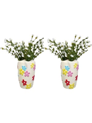 Uravas Store 2 Adet Vazo Dahil,vazoda Çiçek,beyaz Yapay Çiçek,vazo Dekoratif Renkli Papatyalı Poliresin 5X5X16CM
