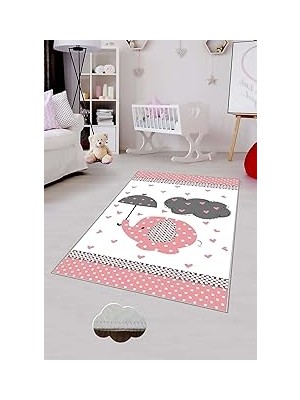 Uravas Store Pelangi Beyaz Fil Desenli Yıkanabilir Kaymaz Taban Leke Tutmazbebek ve Çocuk Odası Halısı, Beyaz-Pembe 60 x 200