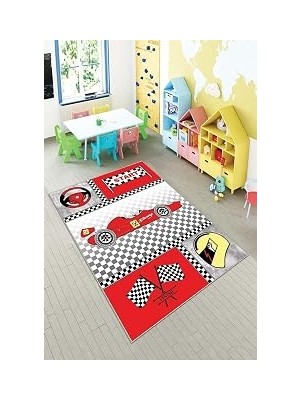 Uravas Store Pelangi Gri F1 Ralli Desenli Yıkanabilir Kaymaz Taban Leke Tutmazbebek ve Çocuk Odası Halısı, Gri-Kırmızı 100 x 500