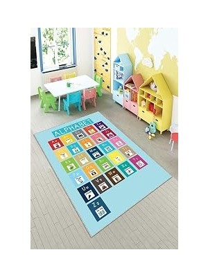 Uravas Store Pelangi Mavi Alfabe Eğitici Öğretici Yıkanabilir Kaymaz Taban Leke Tutmazbebek ve Çocuk Odası Halısı, Mavi 100 x 200