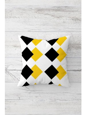 Uravas Store Pelangi Geometrik Karo Desen Çift Tarafı Baskılı Gizli Fermuarlı Yastık Kılıfı Kırlent Koltuk Yastık Kılıfı, Siyah-Beyaz-Sarı 45 x 45