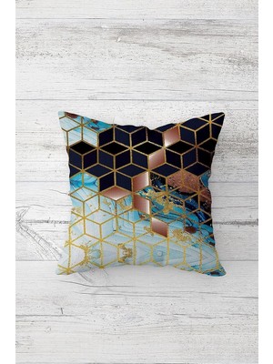 Uravas Store Pelangi Renkli Geometrik Bal Peteği Altıgen Çift Tarafı Baskılı Gizli Fermuarlı Kırlent Koltuk Yastık Kılıfı, Mavi-Gold 45 x 45