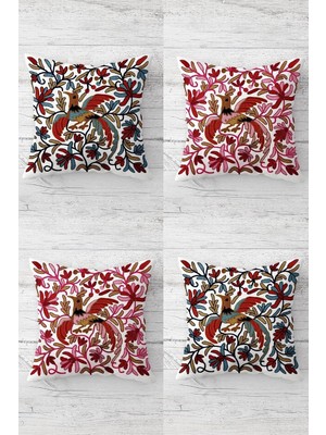 Uravas Store Pelangi Etnik Çini Kuş Desenli Gizli Fermuarlı Kırlent Kılıfı Koltuk Yastık Kılıfı TAKIM(4ADET), Kırmızı-Lacivert 45 x 45
