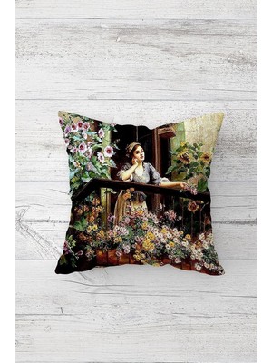 Uravas Store Pelangi Ortanca Çiçekli Balkondan Bakan Kadın Çift Tarafı Baskılı Gizli Fermuar Kırlent Koltuk Yastık Kılıfı, Karışık Renkli 45 x 45