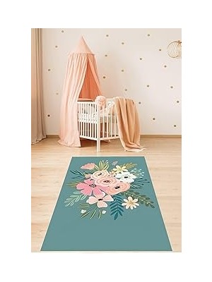 Uravas Store Pelangi Floral Çiçekli Minimal Bohem Tarz Yıkanabilir Kaymaz Taban Leke Tutmaz Çocuk Odası Halısık, Petrol Yeşili-Renkli 80 x 50