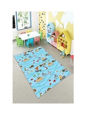 Uravas Store Pelangi Mavi Denizci Desenli Yıkanabilir Kaymaz Taban Leke Tutmazbebek ve Çocuk Odası Halısı, Çok Renkli 160 x 250