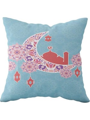 Uravas Store Pelangi Mavi Ramazan Cami Temalı Çift Taraflı Gizli Fermuarlı Yastık Kılıfı Kırlent Koltuk Yastık Kılıfı, Mavi-Pembe 43 x 43