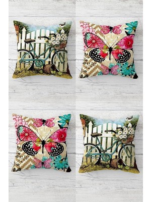 Uravas Store Pelangi Renkli Kelebek ve Bisiklet Desenli Gizli Fermuarlı Kırlent Kılıfı Koltuk Yastık Kılıfı TAKIM(4ADET), Fuşya-Turkuvaz 45 x 45