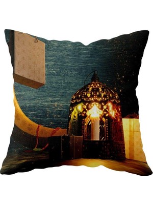 Uravas Store Pelangi Ramazan Fener Hilal Desenli Çift Taraflı Gizli Fermuarlı Yastık Kılıfı Kırlent Koltuk Yastık Kılıfı, Sarı-Lacivert 43 x 43