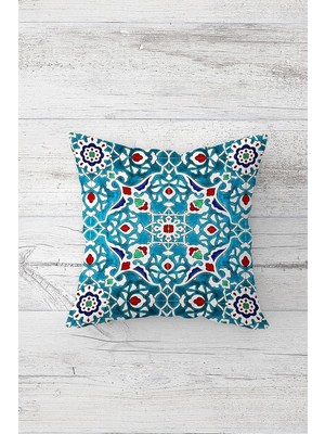 Uravas Store Pelangi Mavi Kırmızı Çini Desenli Çift Tarafı Baskılı Gizli Fermuarlı Dekoratif Kırlent Koltuk Yastık Kılıfı, Turkuaz-Kırmızı 45 x 45, 24691122945451