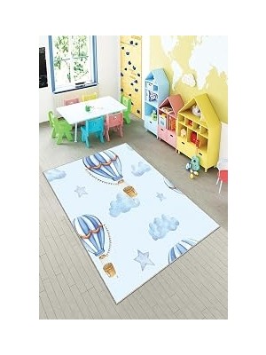Uravas Store Pelangi Uçan Balon Desenli Dijital Baskılı Yıkanabilir Kaymaz Taban Çocuk Odası Halısı, Açık Mavi 160 x 240, 90OTC42HNG160240