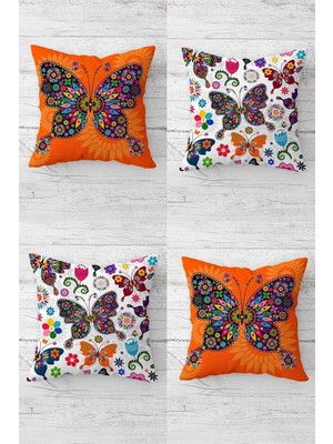 Uravas Store Pelangi Kelebekler Desenli Kombin Gizli Fermuarlı Kırlent Kılıfı Koltuk Yastık Kılıfı TAKIM(4ADET), Turuncu-Renkli 45 x 45