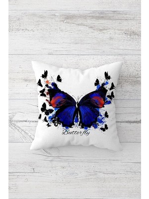 Uravas Store Pelangi Lacivert Kelebek Desen Çift Tarafı Baskılı Gizli Fermuarlı Yastık Kılıfı Kırlent Yastık Kılıfı, Lacivert-Beyaz 45 x 45, 24691307745451