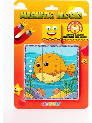 Uravas Store Küpss Manyetik Blok Çift Taraflı 9 Parçalı Mıknatıslı Melek Balığı - Balon Balığı Puzzle - 2 Görsel Yapboz