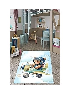 Uravas Store Pelangi Uçan Ayıcık Pilot Ayı Uçak Desen Yıkanabilir Kaymaz Taban Leke Tutmaz Çocuk Odası Halısık, Mavi-Yeşil 60 x 120, 7642022601201